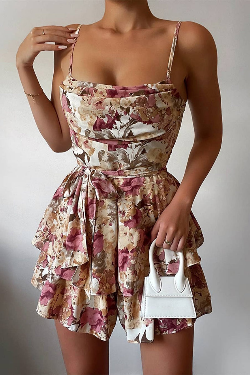 Print Patchwork Backless Spaghetti Strap Skinny Rompers