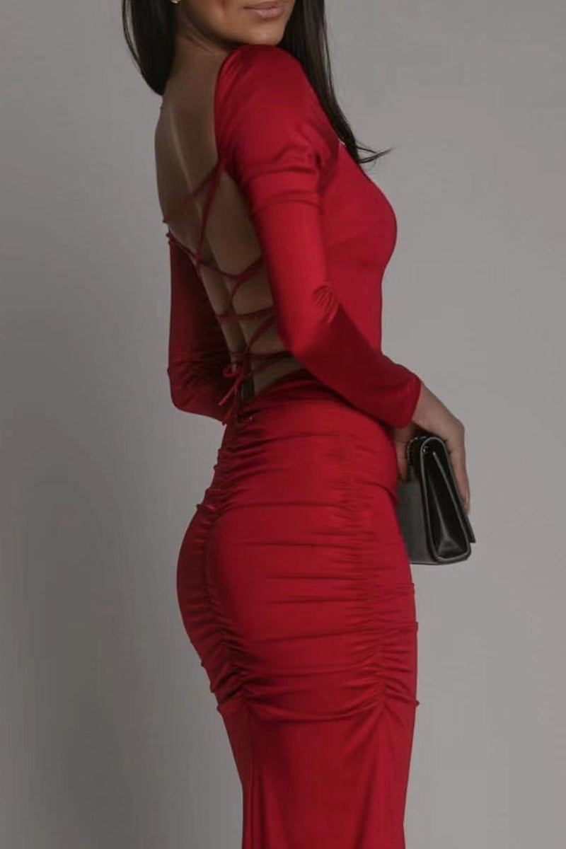 Backless Slit Square Collar Wrapped Skirt Dresses
