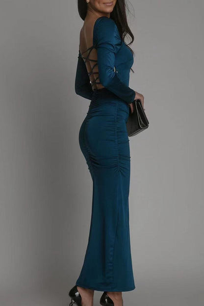 Backless Slit Square Collar Wrapped Skirt Dresses