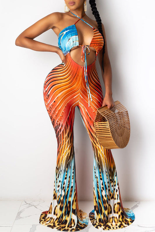 Print Bandage Patchwork Halter Regular Jumpsuits