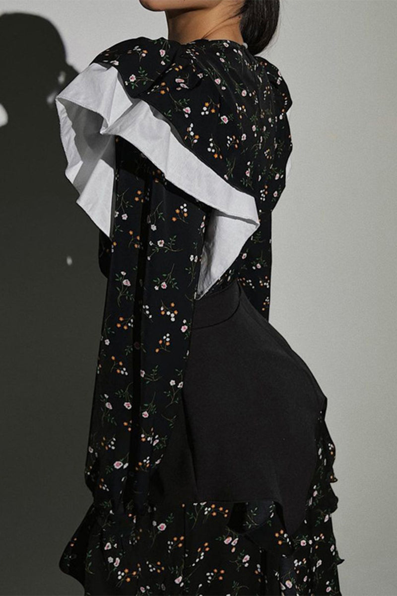 Buttons Flounce O Neck Waist Skirt Dresses(waistband)