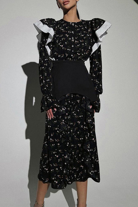 Buttons Flounce O Neck Waist Skirt Dresses(waistband)