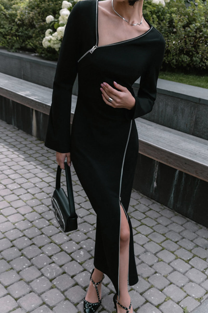 Celebrities Zipper Oblique Collar Wrapped Skirt Dresses