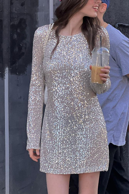 Party Sequins O Neck Wrapped Skirt Dresses