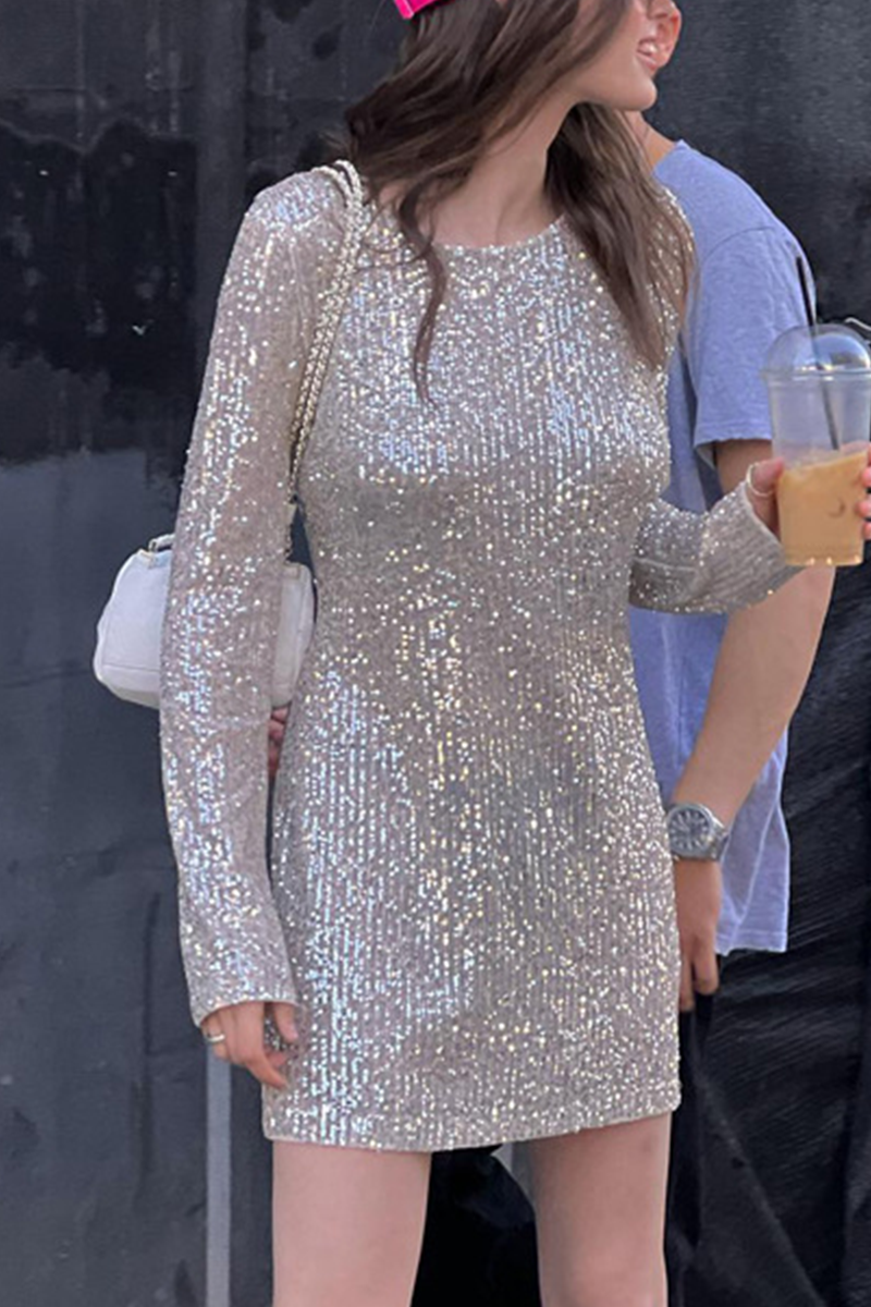 Party Sequins O Neck Wrapped Skirt Dresses