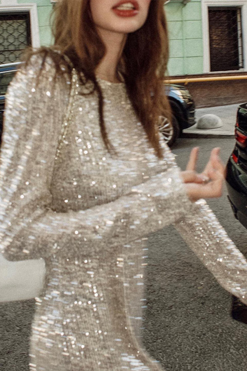 Party Sequins O Neck Wrapped Skirt Dresses