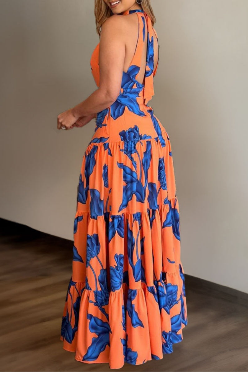 Print Backless Halter Long Dress Dresses