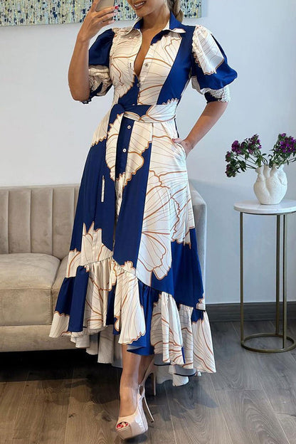 Print Asymmetrical Turndown Collar Long Dress Dresses