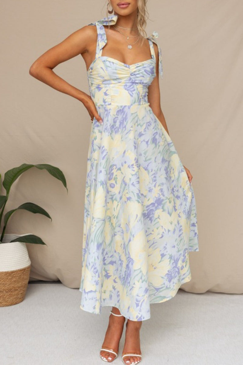 Sweet Print Flowers Fold V Neck Waist Skirt Dresses