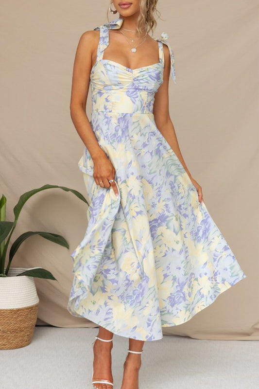 Sweet Print Flowers Fold V Neck Waist Skirt Dresses