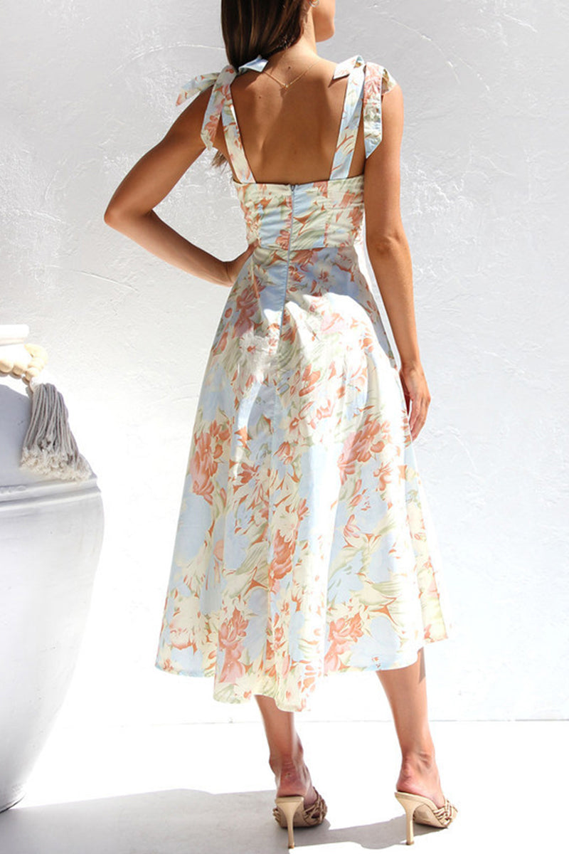 Sweet Print Flowers Fold V Neck Waist Skirt Dresses