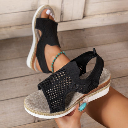 Hollowed Out Patchwork Contrast Fish Mouth Out Wedges Shoes (heel Height 2.16in)