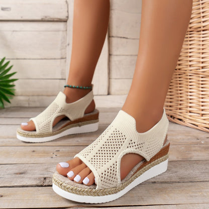 Hollowed Out Patchwork Contrast Fish Mouth Out Wedges Shoes (heel Height 2.16in)