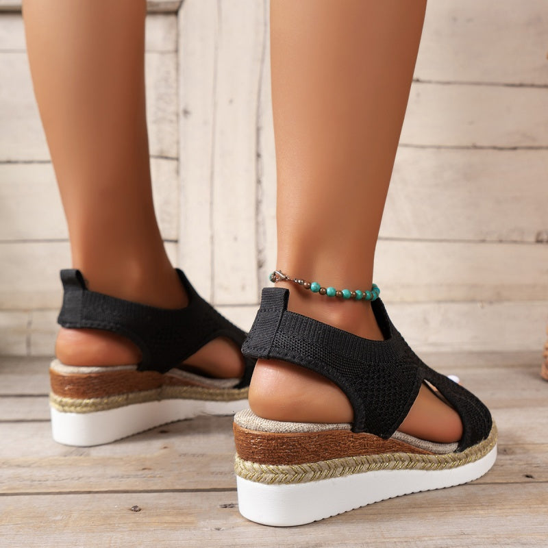 Hollowed Out Patchwork Contrast Fish Mouth Out Wedges Shoes (heel Height 2.16in)