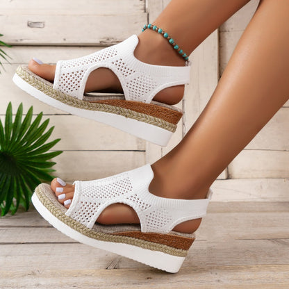 Hollowed Out Patchwork Contrast Fish Mouth Out Wedges Shoes (heel Height 2.16in)