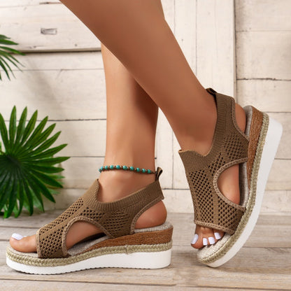 Hollowed Out Patchwork Contrast Fish Mouth Out Wedges Shoes (heel Height 2.16in)