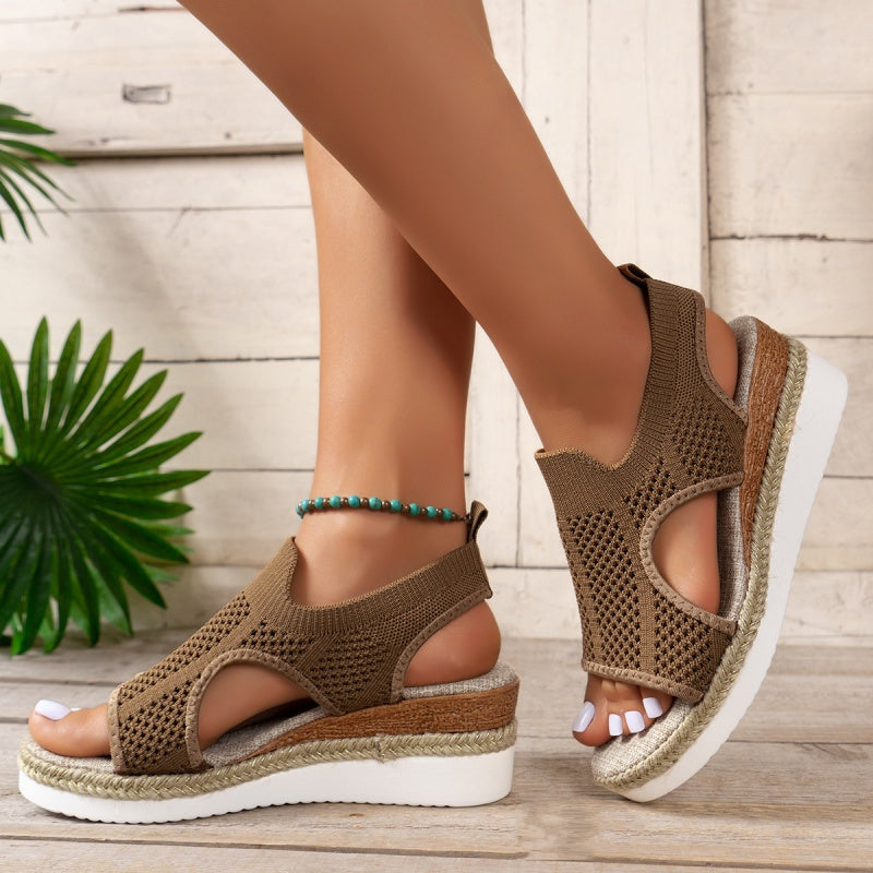 Hollowed Out Patchwork Contrast Fish Mouth Out Wedges Shoes (heel Height 2.16in)