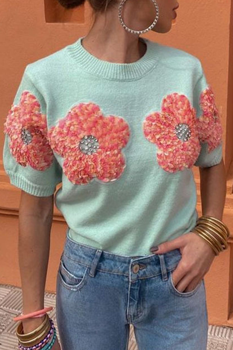 Sweet Appliques Contrast O Neck Sweaters(4 Colors)