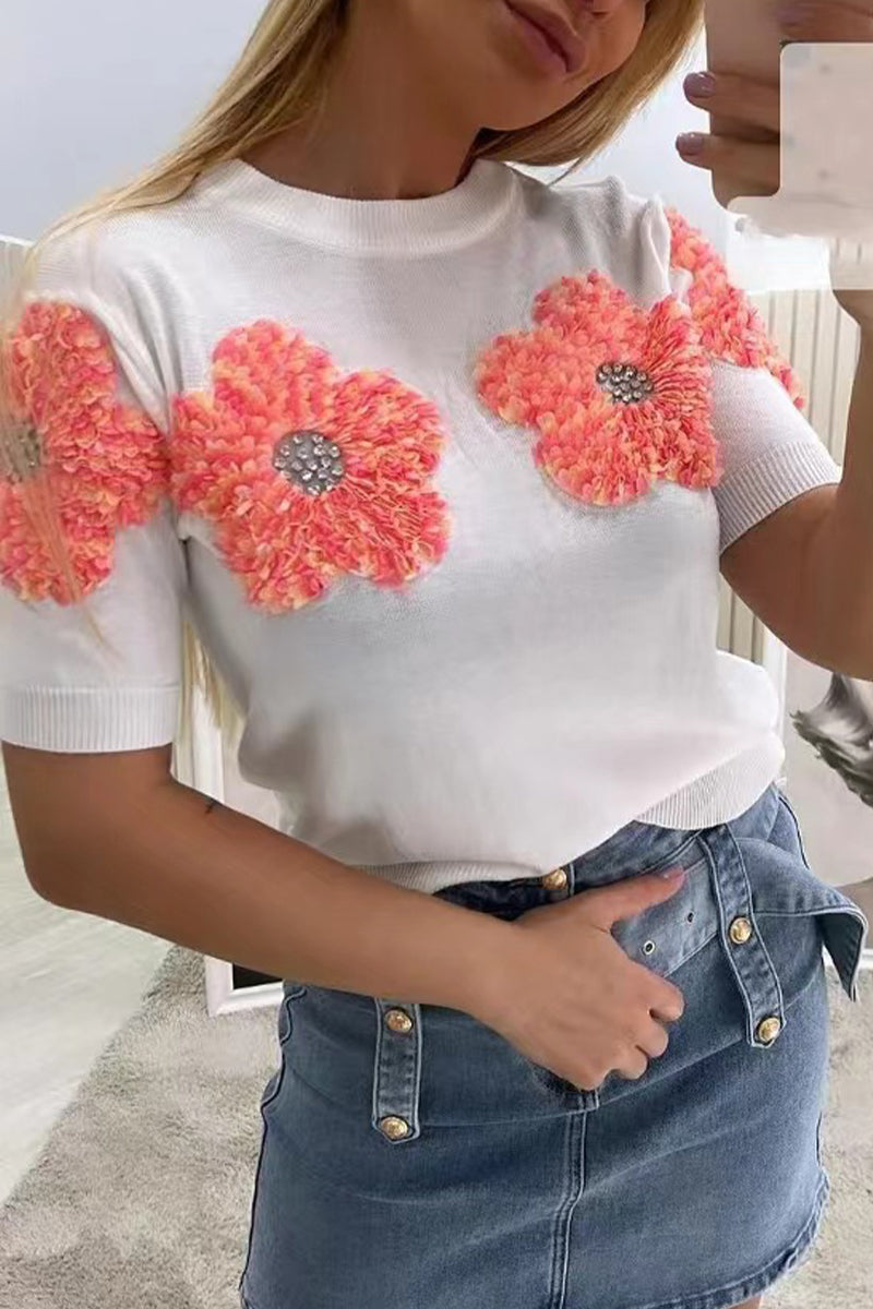 Sweet Appliques Contrast O Neck Sweaters(4 Colors)