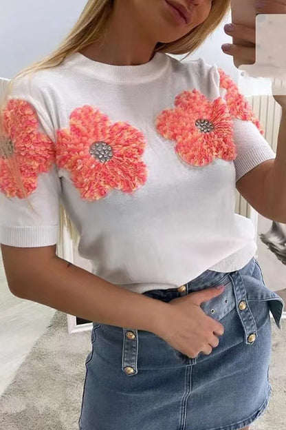 Sweet Appliques Contrast O Neck Sweaters(4 Colors)