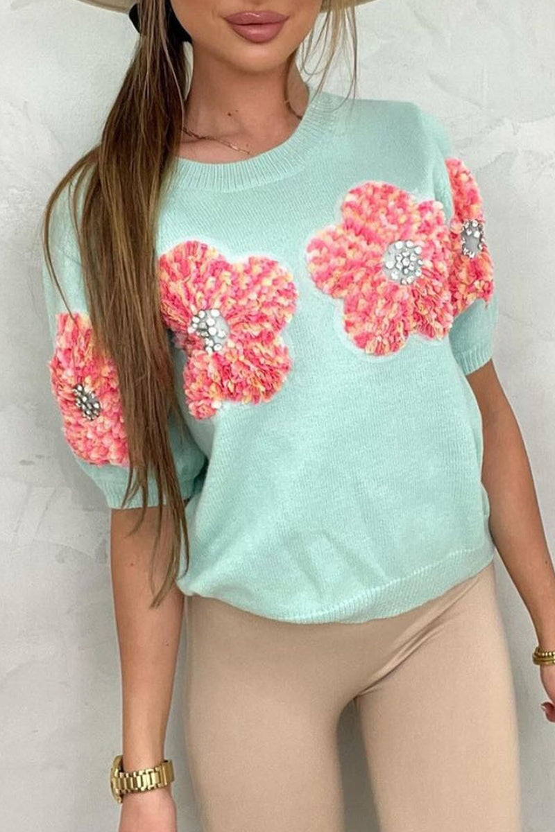 Sweet Appliques Contrast O Neck Sweaters(4 Colors)