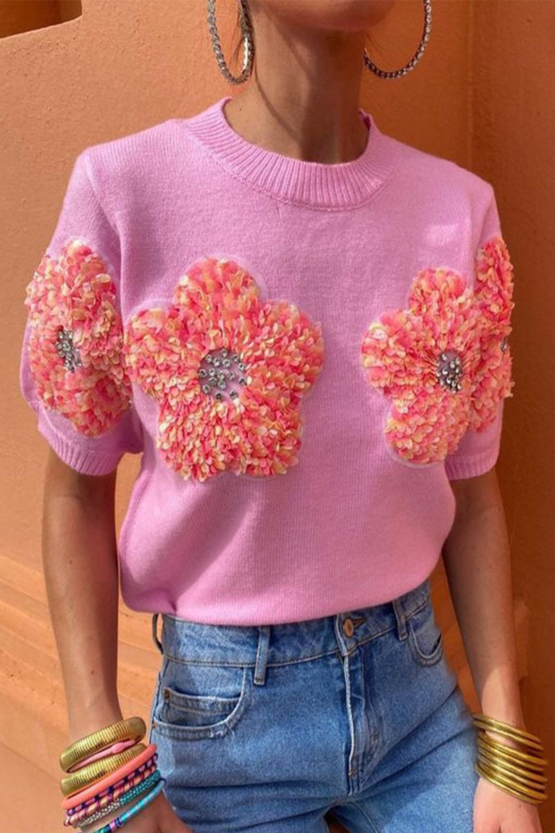 Sweet Appliques Contrast O Neck Sweaters(4 Colors)