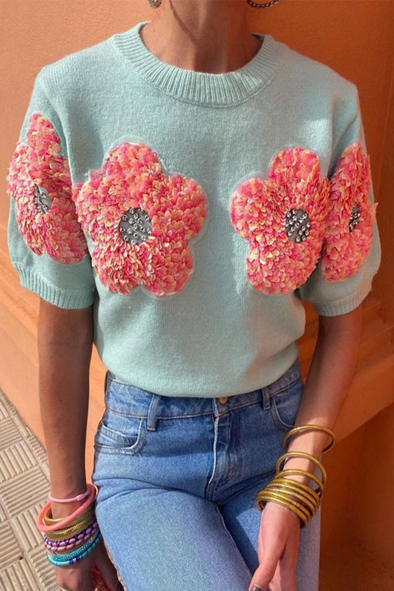 Sweet Appliques Contrast O Neck Sweaters(4 Colors)
