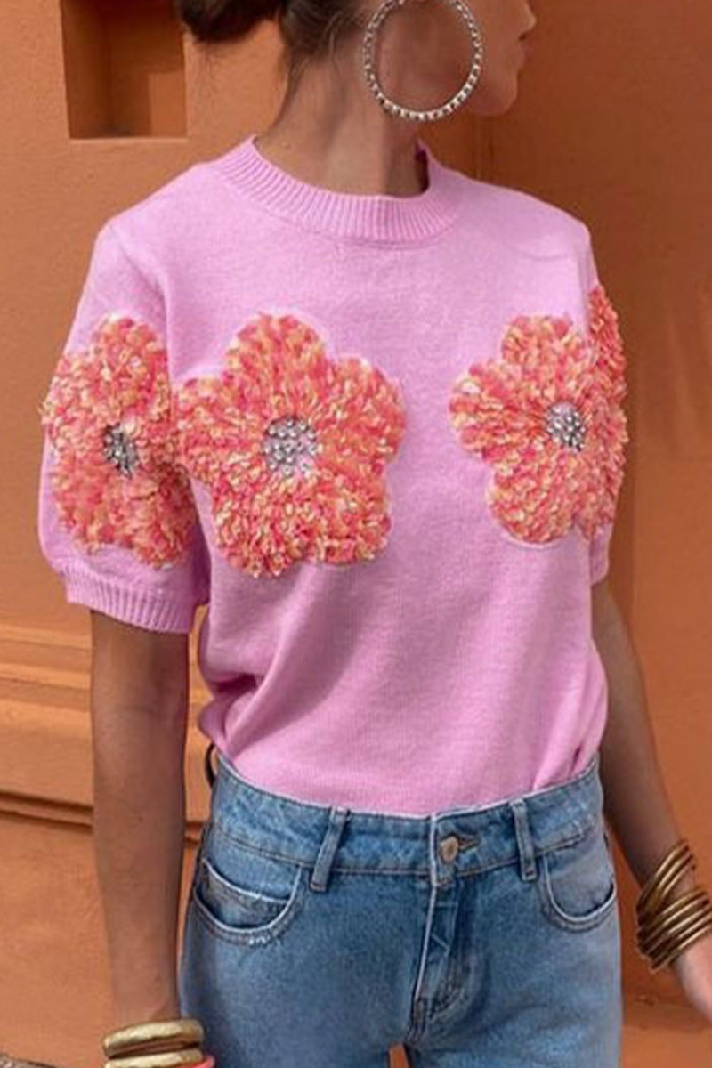 Sweet Appliques Contrast O Neck Sweaters(4 Colors)