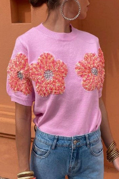 Sweet Appliques Contrast O Neck Sweaters(4 Colors)