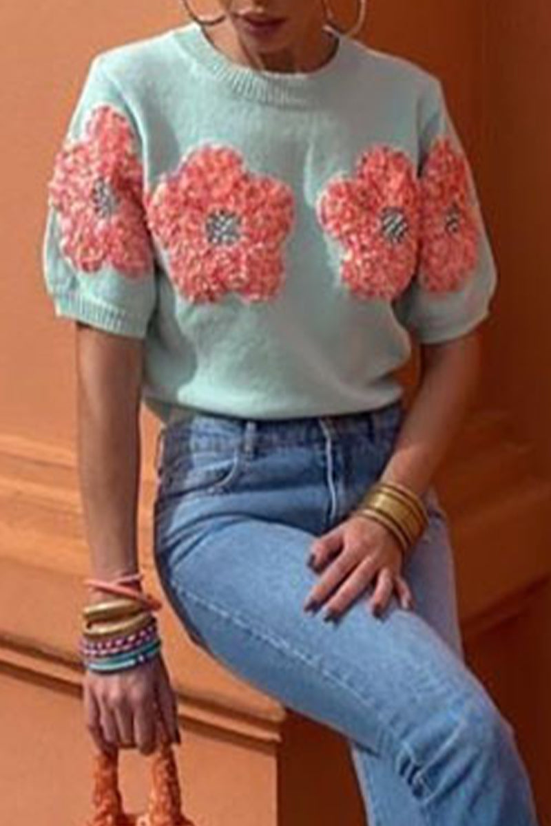 Sweet Appliques Contrast O Neck Sweaters(4 Colors)