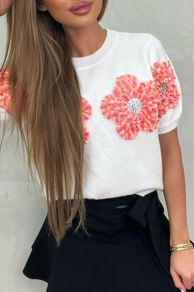 Sweet Appliques Contrast O Neck Sweaters(4 Colors)