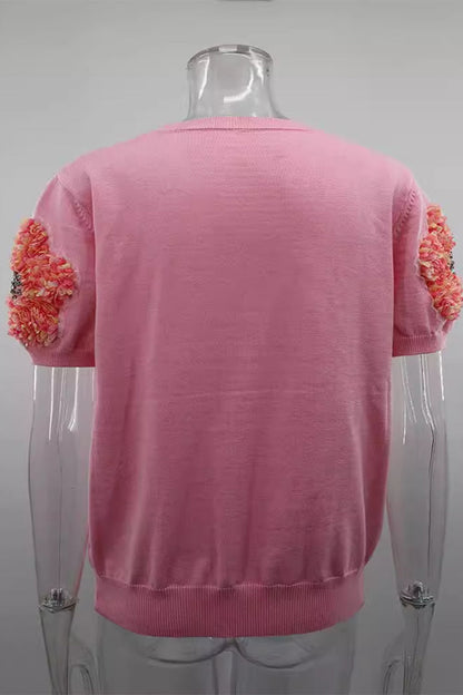 Sweet Appliques Contrast O Neck Sweaters(4 Colors)