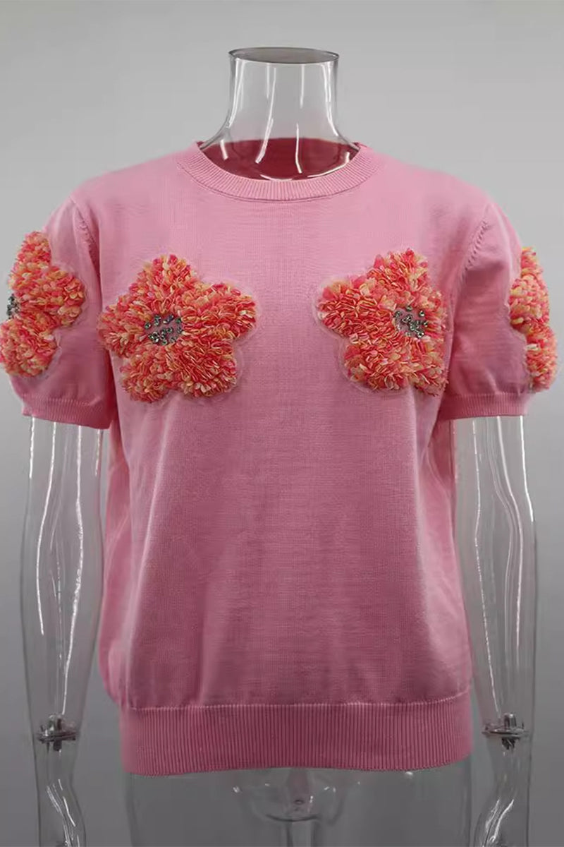 Sweet Appliques Contrast O Neck Sweaters(4 Colors)
