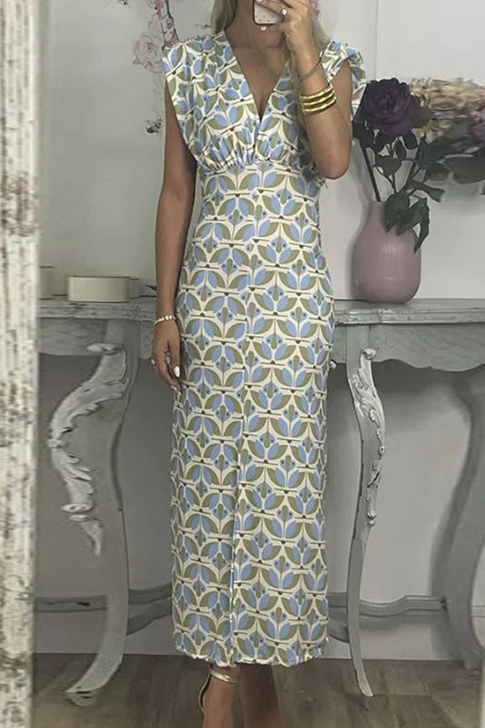 Celebrities Geometric Print Contrast V Neck One Step Skirt Dresses