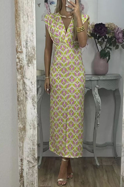 Celebrities Geometric Print Contrast V Neck One Step Skirt Dresses