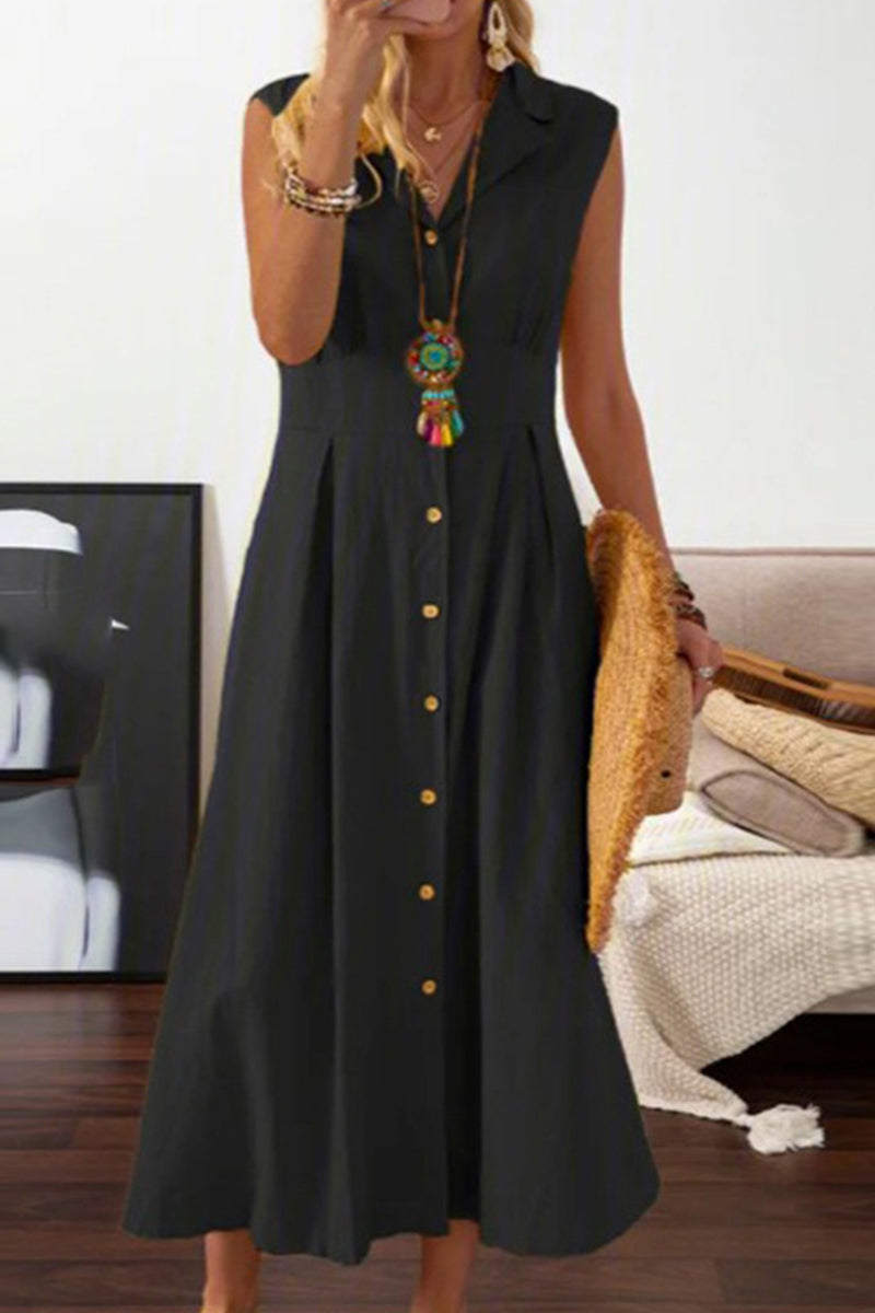 Buckle Turndown Collar Waist Skirt Dresses(4 Colors)