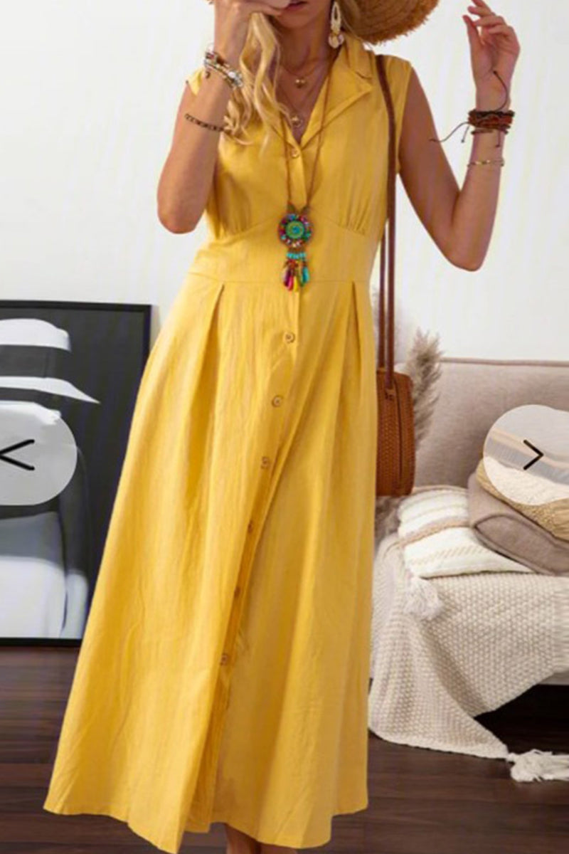 Buckle Turndown Collar Waist Skirt Dresses(4 Colors)