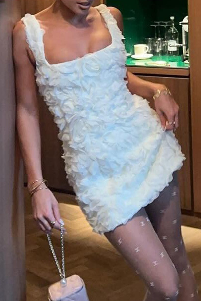 Sweet Appliques Square Collar Wrapped Skirt Dresses