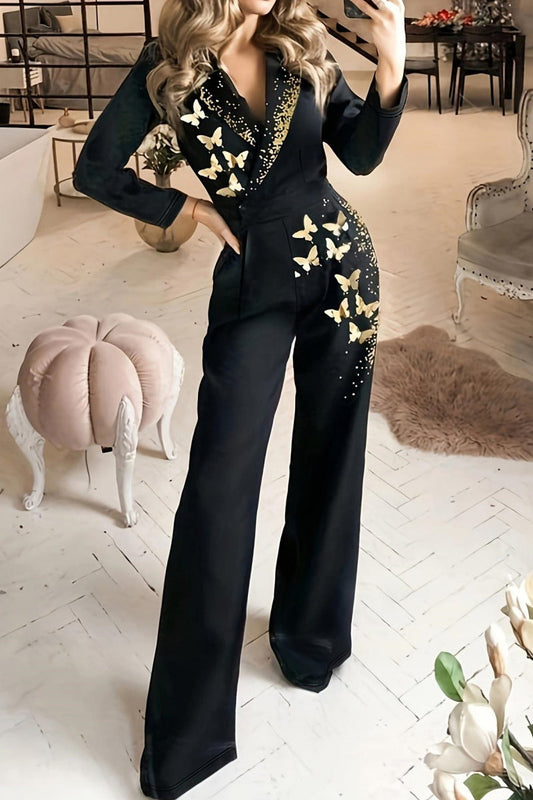 Butterfly Print Pocket V Neck Regular Jumpsuits