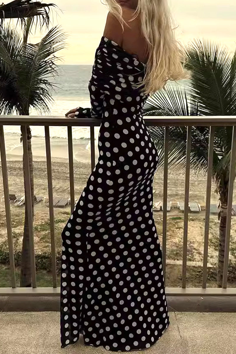 Celebrities Polka Dot Mesh Off the Shoulder One Step Skirt Dresses