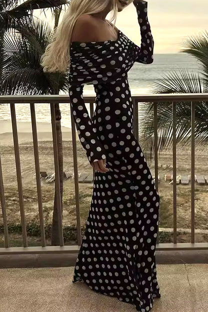 Celebrities Polka Dot Mesh Off the Shoulder One Step Skirt Dresses
