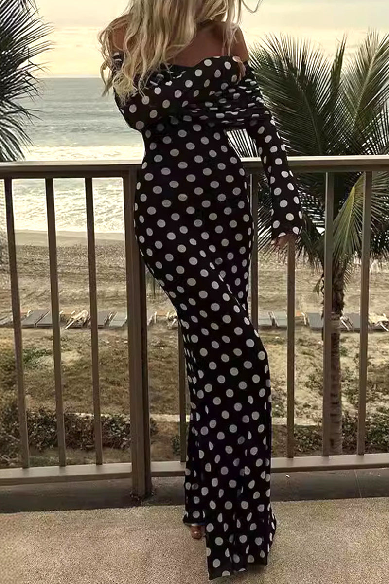 Celebrities Polka Dot Mesh Off the Shoulder One Step Skirt Dresses