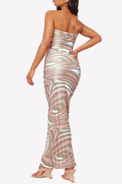 Vacation Geometric Print Fold Strapless One Step Skirt Dresses
