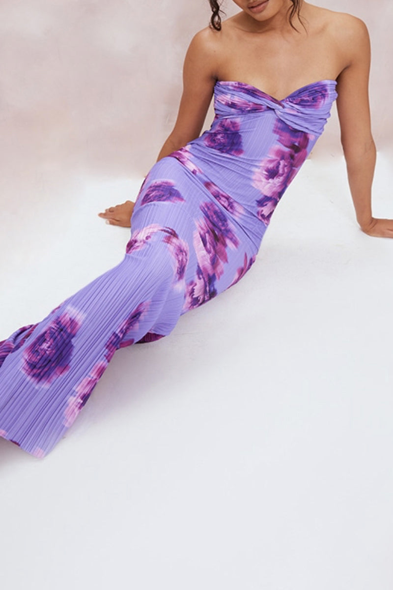 Vacation Geometric Print Fold Strapless One Step Skirt Dresses