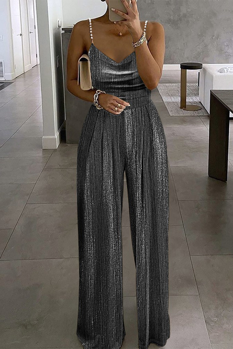 Beading Fold U Neck Loose Jumpsuits