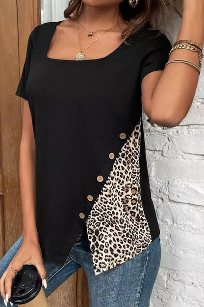 Leopard Patchwork Buttons Square Collar T-shirts