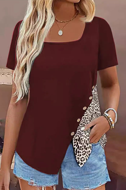 Leopard Patchwork Buttons Square Collar T-shirts
