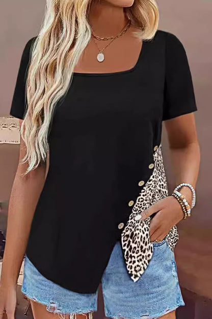 Leopard Patchwork Buttons Square Collar T-shirts