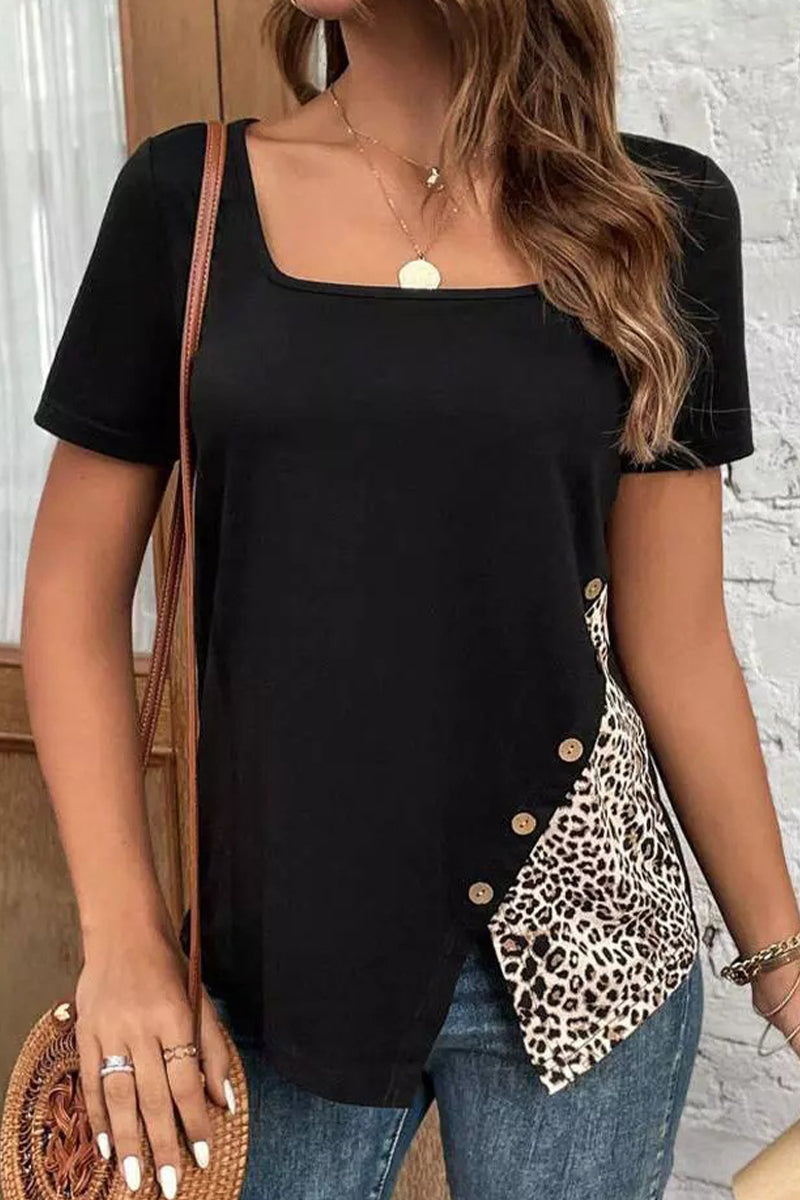 Leopard Patchwork Buttons Square Collar T-shirts