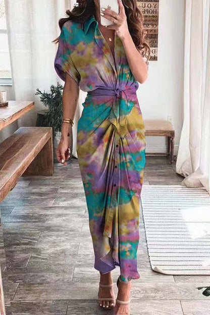 Print Frenulum Buckle Turndown Collar Pencil Skirt Dresses(7 Colors)